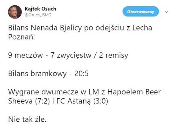 Bilans Bjelicy po odejściu z Lecha. WOW